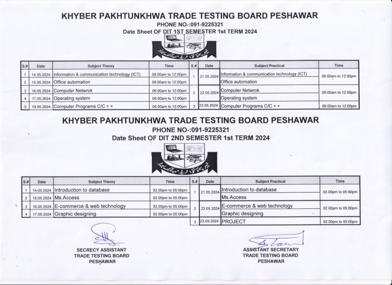 Date Sheet of DIT Part 1st & 2nd  Exams 1st Term 2024 Government KP Trade Testing Board Peshawar 